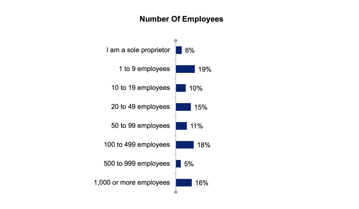 Sole proprietor: 6%; 1–9 employees: 19%; 10–19 employees: 10%; 20–49 employees: 15%; 50–99 employees: 11%; 100–499 employees: 18%; 500–999 employees: 5%; 1,000 or more employees: 16%