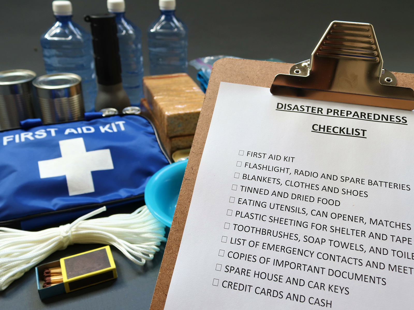 Disaster preparedness kit and first aid kit.