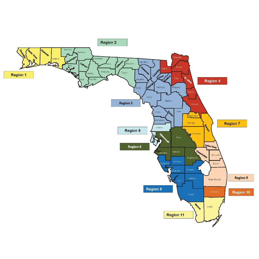 Mapa de las regiones de Florida que tienen cobertura del programa de ayuda médica administrada (MMA) de Humana