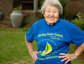 Fay Bond wearing Senior Games shirt