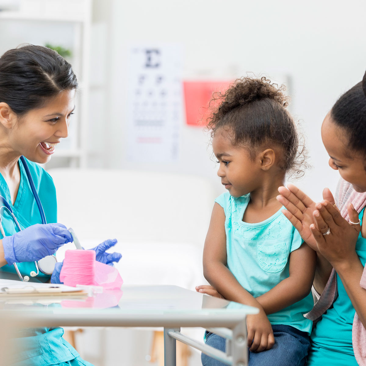 Nurse prepares young patient to receive a flu shot. Animated female nurse prepares young patient to receive a shot in the doctor's office. The patient's mother is clapping while encouraging her child.